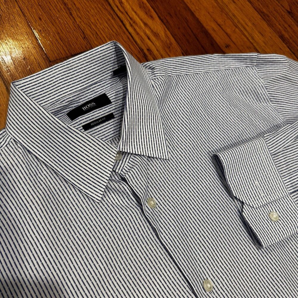 HUGO Boss Men Casual Formal Regular Fit Shirt Size L  16-32/33 White blue stripe